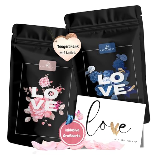 Tee Geschenk Set "You & Me" Teegeschenk für Sie und Ihn - I love you | Ich liebe Dich Tee zum Valentinstag, Geburtstag, Hochzeitstag - 70 g Schwarzer Tee, 70 g Grüner Tee von Exploritea