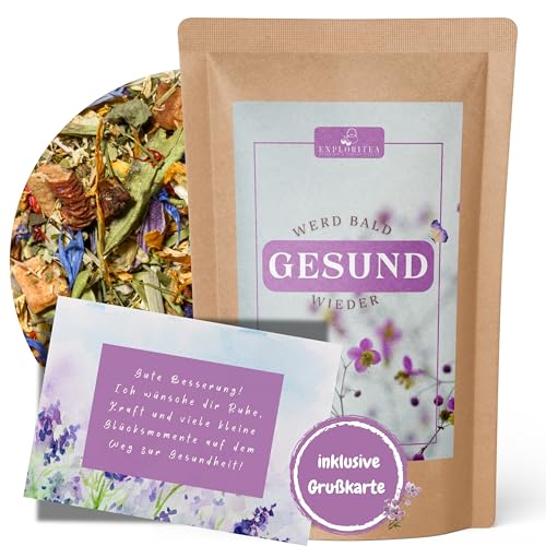 "Werd bald wieder gesund" Teegeschenk als gute Besserung oder Gesundheit Geschenke, Gute Besserung Geschenk Frauen & Männer - 70 g Kräutertee im Zip-Beutel von Exploritea