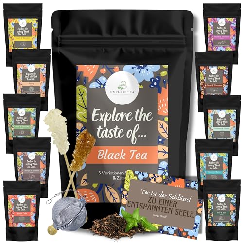 Wundertüte Schwarzer Tee Probierset - Tee Geschenkset mit 5 unterschiedlichen Schwarztees, inkl. Teeball und zwei Kandissticks, Tea Tasting Set Schwarztee, Tee Probierset, Geschenktüte Schwarz Tee von Exploritea