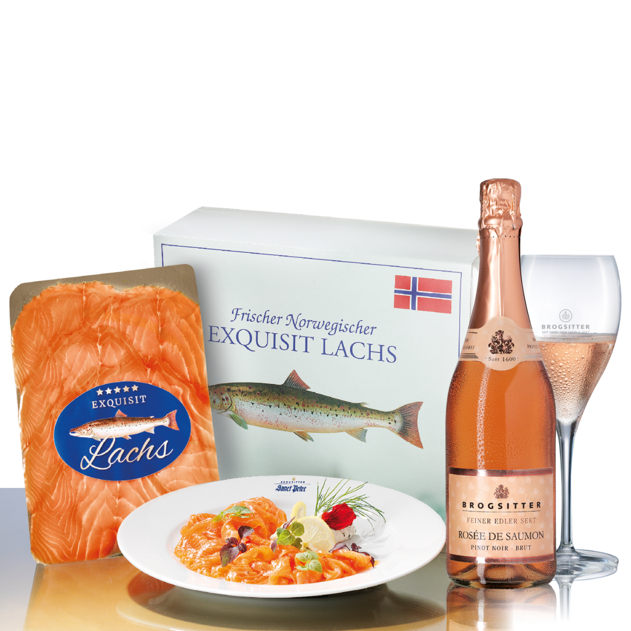 Frischer norwegischer Lachs und Rosée de Saumon Sekt Brut von Exquisit Lachs