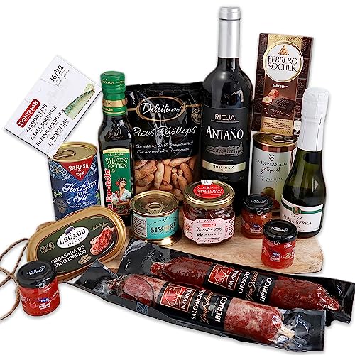 FAMILYCOM. Gourmet-Geschenkkorb. Sortiert mit originellen Geschenkschokoladen. Viele Würste, Konserven, eine Auswahl an Weinen und Champagner, Olivenöl und Gourmet-Picks. von FAMILYCOM