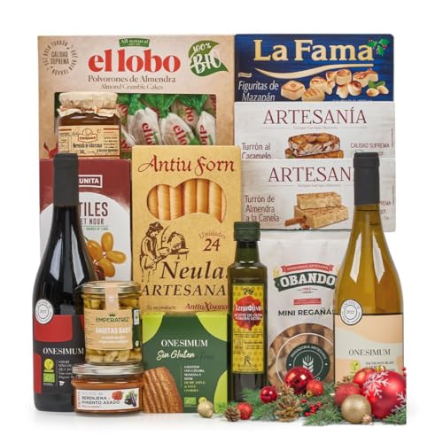 FAMILYCOM. Veganer Geschenkkorb für Weihnachten, Gourmet, mit originellen Pralinen als Geschenk, Set aus Halugat, Buttern, Pulver, Wurst, Auswahl an Weinen, Nüssen und Rosinen, Vegetarier. von FAMILYCOM