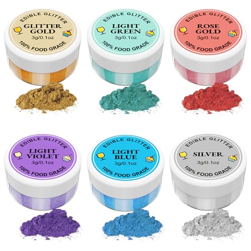 Essbarer Glitzer 6 x 3g, Essbarer Glitzer für Getränke Lebensmittel Glitzer 6 Farbenset Glitzerpuder Backglitzer für Schokolade, Erdbeeren, Kuchen, Fondant,Getränken, Geruchsneutral, Vegan von FANKOO