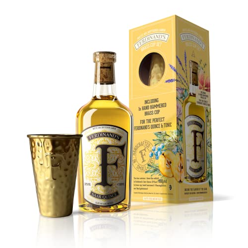 Ferdinand’s Geschenk-Set für Gin-Liebhaber, 1x Ferdinand's Saar Quince 0,5l + 1x goldener Messingbecher, 30% vol., Mit frischen Quitten und Botanicals aus der Saar Region von FERDINAND'S