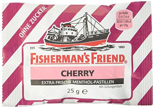 Fisherman's Friend Cherry ohne Zucker | Karton mit 24 Beuteln | Kirsche und Menthol Geschmack von FISHERMAN´S FRIEND