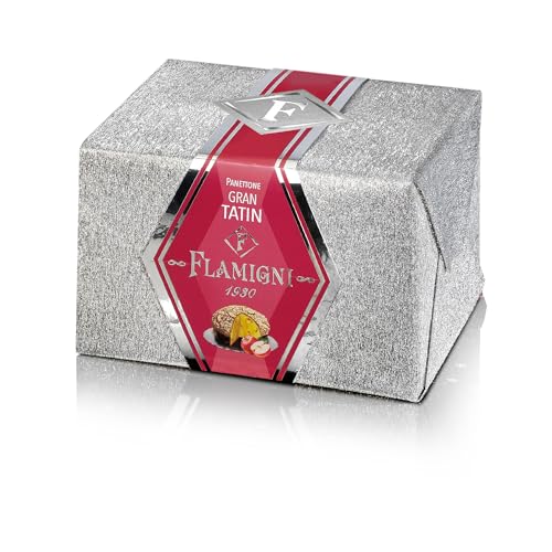 FLAMIGNI, Großer Tatin Panettone, Mit katalanischer Creme gefüllt, Mit weißer Karamellschokolade und getrockneten Apfelstückchen überzogen, 950 g von FLAMIGNI