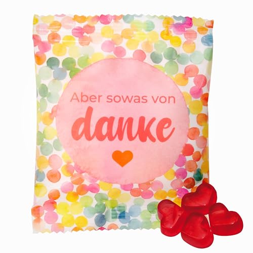 25 x Gast-Geschenke Tütchen: farbenfrohe Tüte, gefüllt mit echten Trolli Herzen mit 10% Fruchtsaft, 10g, "Aber sowas von Danke" - Kleinigkeiten für jeden Anlass, Geburtstage, Hochzeiten und mehr von FLAMINGO ON THE BEACH