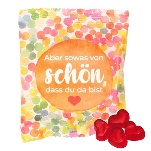 25x süße Gast-Geschenke-Tütchen: farbenfrohe Tüte, mit Schriftzug, gefüllt mit echten Trolli Herzgummibärchen mit 10% Fruchtsaft, 10g, Aber sowas von schön, dass du da bist", perfektes Mitbringsel von FLAMINGO ON THE BEACH