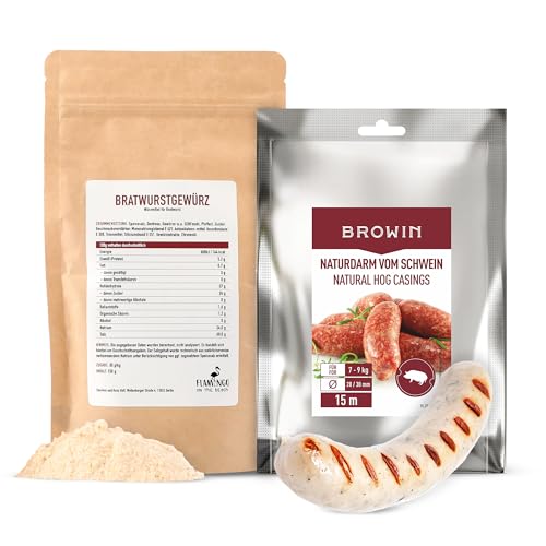 Bratwurst Set: Bratwurstgewürz 150g & Browin Naturdarm 15m (28/30 mm) – Schweinedarm & Gewürzmischung für Bratwurst & Fleischwurst, für Metzgereibedarf, Wursthülle & hausgemachte Wurstherstellung von FLAMINGO ON THE BEACH