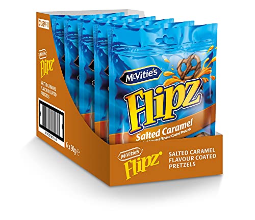 McVitie's Flipz Salted Caramel Brezel, knusprige Salzbrezeln mit Karamellüberzug, Salzgebäck mit süß-salzigem Geschmack für einzigartigen Knabberspaß, 6x90 g von Flipz