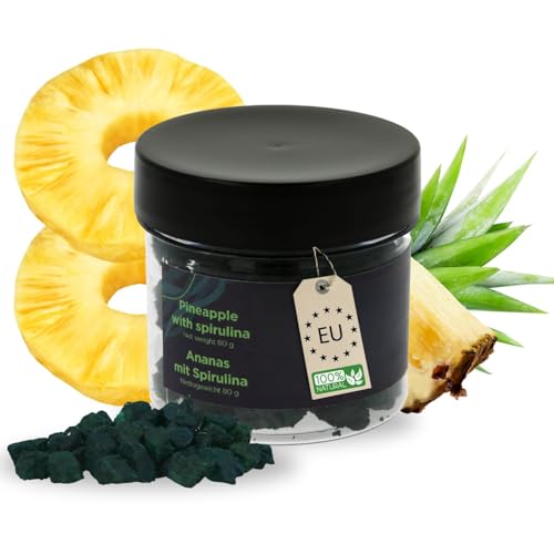 Getrocknete Ananas mit Spirulina Platensis - Ananas Chips als Snack, für Müsli & Desserts, Idealer Süßigkeiten Ersatz, Vegane Gesunde Snacks für Kinder & Erwachsene, Alternative zu Gummibärchen - 80g von FLOROVITAS