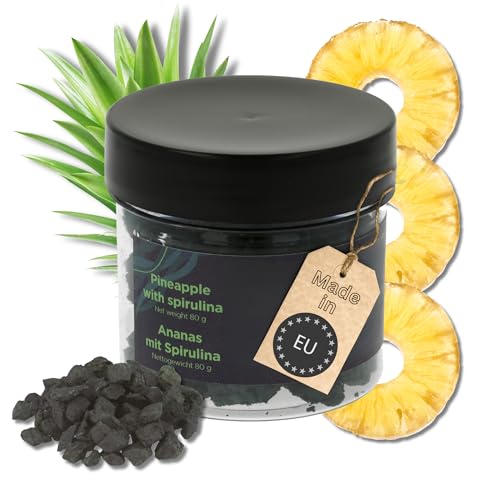 Getrocknete Ananas mit Spirulina Platensis - Ananas Chips als Snack, für Müsli & Desserts, Idealer Süßigkeiten Ersatz, Vegane Gesunde Snacks für Kinder & Erwachsene, Alternative zu Gummibärchen - 80g von FLOROVITAS