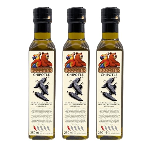 APSU Würz-Öl 3x250ml Extra Natives Olivenöl aus Kreta Griechenland mit Chipotle Chili-Schoten leicht scharf Premium-Dressing-Öl von BOOOSTER® für die mexikanische Küche von FOOD-UNITED