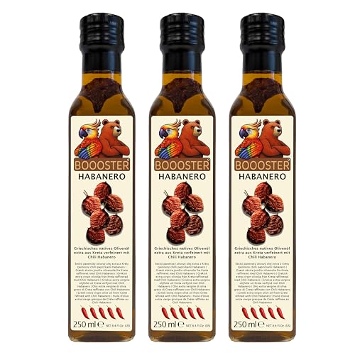 APSU Würz-Öl 3x250ml Extra Natives Olivenöl aus Kreta Griechenland mit Habanero Chili-Schoten extra scharf Premium-Dressing-Öl von BOOOSTER® für die mediterrane Küche von FOOD-UNITED