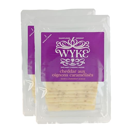 Food-United CHEDDAR-KÄSE mit karamellisierten Zwiebeln 12 Scheiben 2x160g von WYKE Farms cheddar cheese englischer Hartkäse ideal zu Burgern Sandwiches Wraps Pizza Salaten Gratins Frühstücksgerichten von FOOD-UNITED