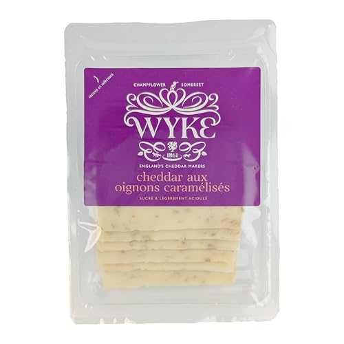 Food-United CHEDDAR-KÄSE mit karamellisierten Zwiebeln 6 Scheiben 160g von WYKE Farms cheddar cheese englischer Hartkäse ideal zu Burgern Sandwiches Wraps Pizza Salaten Gratins Frühstücksgerichten von FOOD-UNITED