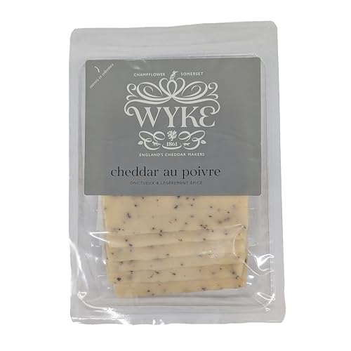 Food-United CHEDDAR-KÄSE mit schwarzem Pfeffer 6 Scheiben 160g von WYKE Farms cheddar cheese leicht scharf englischer Hartkäse ideal zu Burger Sandwiches Wraps Saucen Pizza Pasta von FOOD-UNITED