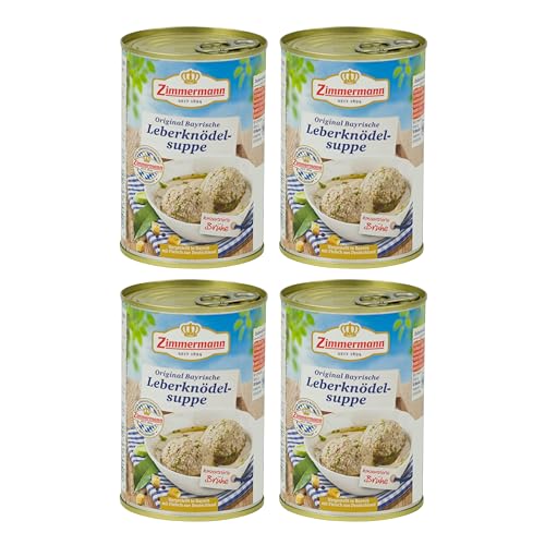 Food-United LEBERSPÄTZLE SUPPE 4x400ml Dose | herzhaft | deftig | aus Bayern von ZIMMERMANN | bayerische Spezialität | traditionelle Suppe mit feiner Leber in konzentrierter Brühe von FOOD-UNITED