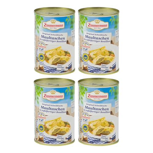 Food-United SCHWÄBISCHE-MAULTASCHEN 4x400ml | Original g.g.A. | 8 Maultaschen | Schweinefleisch-Spinat-Füllung | von ZIMMERMANN | bayerische Spezialität | nach Hausmacherart (4, hergestellt) von FOOD-UNITED