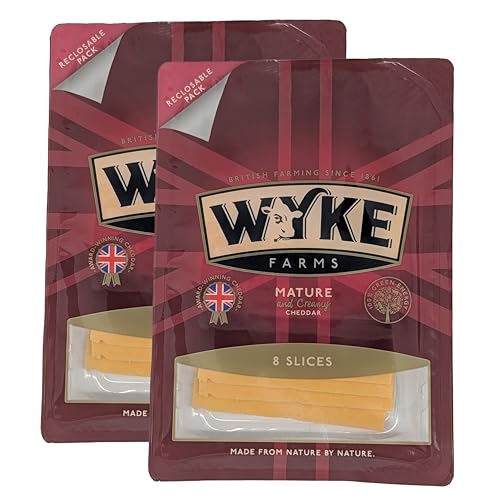 Food-United reifer CHEDDAR-KÄSE 16 Scheiben 2x160g von WYKE Farms mature grated cheddar cheese 6 Monate gereift englischer Hartkäse ideal zu Burger Sandwiches Wraps Käseplatten Saucen von FOOD-UNITED