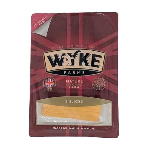 Food-United reifer CHEDDAR-KÄSE 8 Scheiben 160g von WYKE Farms mature grated cheddar cheese 6 Monate gereift englischer Hartkäse ideal zu Burger Sandwiches Wraps Käseplatten Saucen (1) von FOOD-UNITED