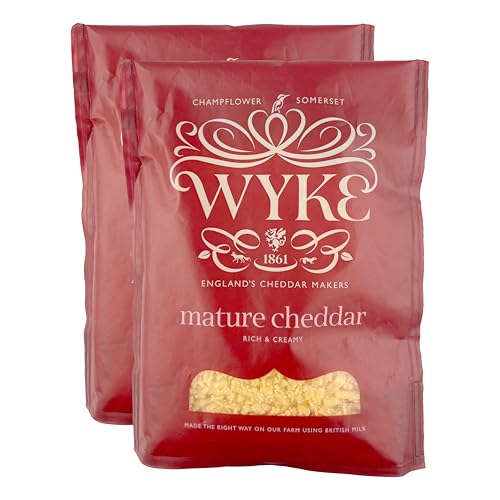 Food-United reifer CHEDDAR-KÄSE gerieben 2x180g von WYKE Farms mature grated cheddar cheese 6 Monate gereift englischer Hartkäse perfekt zu Gratins Pasta Pizza Aufläufe Nachos Gemüse von FOOD-UNITED