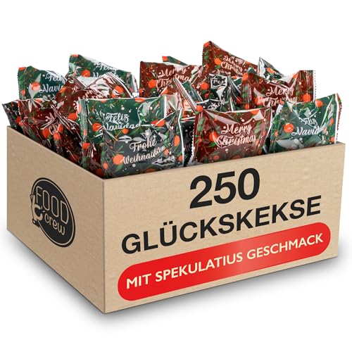 FOOD crew 250x Weihnachtsglückskeks mit Spekulatius Geschmack - Glückskekse - Süßigkeiten Weihnachten - Gebäck Einzeln Verpackt mit deutschen Sprüchen - Vegan - Made in Germany von FOOD crew