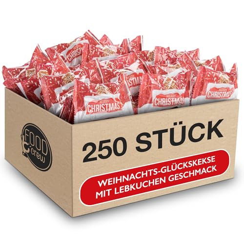 FOOD crew 250x Weihnachtsglückskekse mit Lebkuchen Geschmack - Glückskekse Weihnachten - Süßigkeiten - Gebäck Einzeln Verpackt mit deutschen Sprüchen - Vegan - Made in Germany von FOOD crew