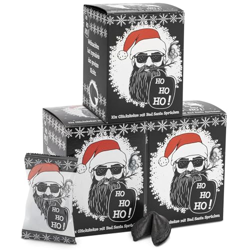 FOOD crew 30x Weihnachtsglückskekse Bad Santa – Glückskekse Weihnachten - Süßigkeiten Weihnachten - Gebäck Einzeln Verpackt mit deutschen Sprüchen - Vegan - Made in Germany von FOOD crew