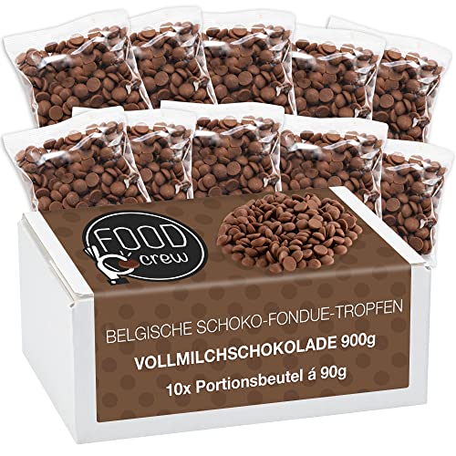 FOOD crew 900g belgische Schokolade für Fondue Vollmilch - Schokolade für Schokobrunnen – Schoko Kuvertüre Drops - 10 Portionsbeutel einzeln verpackt – Vollmilch Kuvertüre - Silvester Schokolade von FOOD crew