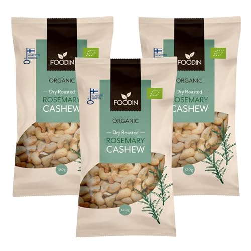 FOODIN Bio Cashewkerne ganze, trocken geröstete Cashewkerne, Süßes & Snacks, Nüsse, Kerne & Samen mit Honig (Rosmarin, 3 x 120g) von FOODIN