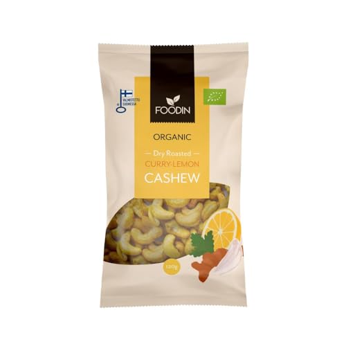 FOODIN Curry-Zitronen Cashewkerne – Bio Cashew Nuts mit Curry- und Zitronenwürze – Eiweißreicher, glutenfreier Snack mit indischen Gewürzen & finnischem Honig – Öl-freie Cashewkerne, 120g von FOODIN