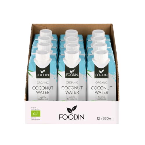 Foodin Kokoswasser Bio, natürlich feuchtigkeitsspendend mit Elektrolyten, fettfrei, glutenfrei, gentechnikfrei, kalorienarm – beruhigender Durstlöscher – 12er pack (12x330ml) von FOODIN