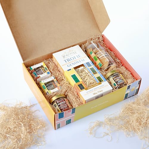 Italienische Delikatessen-Geschenkbox mit Pasta, Pesto Genovese, rotem Pesto, getrockneten Steinpilzen, Pandolcini - stilvolles Gourmet-Geschenk von FRANCK ET OLIVIER