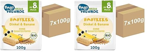 BABY FRECHE FREUNDE Bio Baby Kekse Dinkel & Banane, Baby Snack für Babys ab 8 Monaten, ohne Zuckerzusatz, vegan, 14er Pack (7 x 100g) von FRECHE FREUNDE