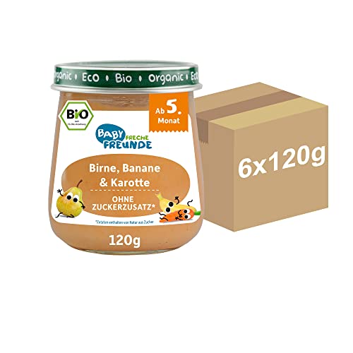 BABY FRECHE FREUNDE Bio Babybrei Gläschen Birne, Banane & Karotte, für Babys ab 5 Monaten, ohne Zucker- und Salzzusatz, vegan, 6er Pack (6 x 120g) von FRECHE FREUNDE