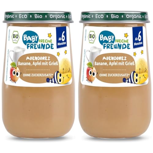 BABY FRECHE FREUNDE Bio Gläschen Abendbrei Banane, Apfel mit Grieß für Babys ab 6 Monaten, ohne Zuckerzusatz, 6 x 190g (Packung mit 2) von FRECHE FREUNDE