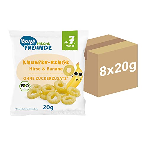 BABY FRECHE FREUNDE Bio Knusper-Ringe Hirse & Banane, Baby Snack mit Obst, für Babys ab 7 Monaten, vegan, glutenfrei, 8er Pack (8 x20g). von FRECHE FREUNDE