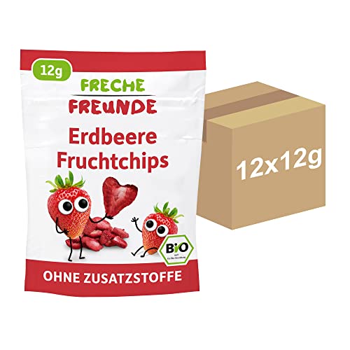 FRECHE FREUNDE Bio Fruchtchips "100% Erdbeere", gefriergetrocknet Obst Chips Erdbeere, ohne Zuckerzusatz, vegan, laktosefrei, glutenfrei, 12er Pack (12 x 12 g) von FRECHE FREUNDE