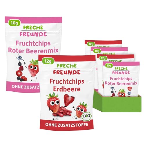FRECHE FREUNDE Bio Fruchtchips 12 x Erdbeere & 12 x Roter Beerenmix, gefriergetrocknete Obst Chips Erdbeere, ohne Zuckerzusatz, vegan, laktosefrei, glutenfrei, 24er Pack (12 x 12 g & 12 x 10g) von FRECHE FREUNDE