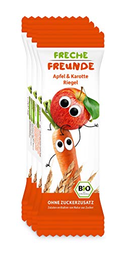 FRECHE FREUNDE Bio Fruchtriegel Apfel & Karotte, Obst & Gemüse Riegel für Babys und Kinder ab 1 Jahr, fruchtiger Snack ohne Zuckerzusatz, vegan, laktosefrei, 6er Pack, 6x (4x 23g) von FRECHE FREUNDE