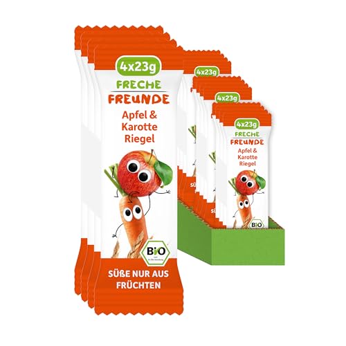 FRECHE FREUNDE Bio Fruchtriegel Apfel & Karotte, für Babys und Kinder ab 1 Jahr, ohne Zuckerzusatz, vegan, laktosefrei, 12er Pack, 12 x (4 x 23g) von FRECHE FREUNDE