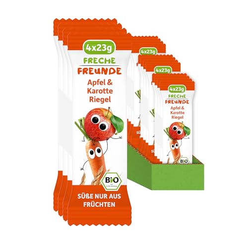 FRECHE FREUNDE Bio Fruchtriegel Apfel & Karotte, Obst & Gemüse Riegel für Babys und Kinder ab 1 Jahr, fruchtiger Snack ohne Zuckerzusatz, vegan, laktosefrei, 12er Pack, 12x (4x 23g) von FRECHE FREUNDE