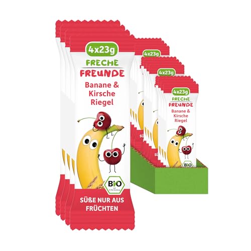 FRECHE FREUNDE Bio Fruchtriegel Banane & Kirsche, Obst Riegel für Babys und Kinder ab 1 Jahr, fruchtiger Snack ohne Zuckerzusatz, vegan, laktosefrei, 12er Pack, 12x (4x 23g) von FRECHE FREUNDE