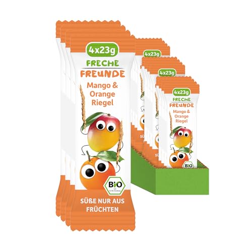 FRECHE FREUNDE Bio Fruchtriegel Mango & Orange, Obst Riegel für Babys und Kinder ab 1 Jahr, fruchtiger Snack ohne Zuckerzusatz, vegan, laktosefrei, 12er Pack, 12x (4x 23g) von FRECHE FREUNDE