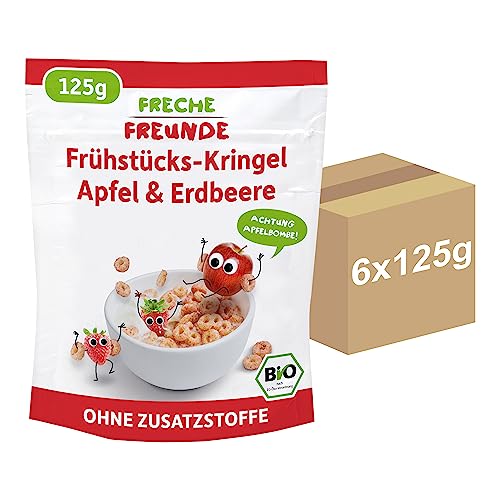 FRECHE FREUNDE Bio Frühstücks-Kringel Apfel & Erdbeere, ohne Zuckerzusatz, Cerealien ohne Zusatzstoffe für Kinder & Babys ab 1 Jahr, 6er Pack (6 x 125 g) von FRECHE FREUNDE