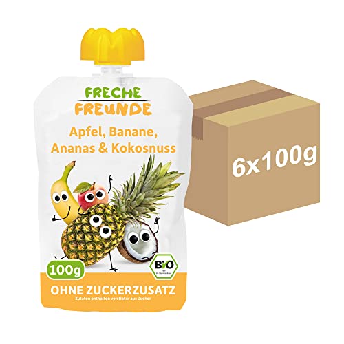 FRECHE FREUNDE Bio Quetschie Apfel, Banane, Ananas & Kokosnuss, Fruchtmus im Quetschbeutel für Babys ab dem 6. Monat, glutenfrei & vegan, 6-er Pack (6 x 100g) von FRECHE FREUNDE