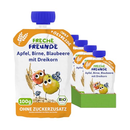 FRECHE FREUNDE Bio Quetschie Apfel, Birne, Blaubeere mit Dreikorn, Fruchtmus mit Getreide im Quetschbeutel für Babys ab dem 6. Monat, vegan, 6er Pack (6 x 100g) von FRECHE FREUNDE