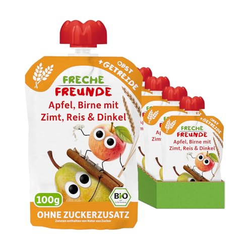 FRECHE FREUNDE Bio Quetschie Apfel, Birne mit Zimt, Reis & Dinkel, Fruchtmus mit Getreide im Quetschbeutel für Babys ab dem 6. Monat, vegan, 6er Pack (6 x 100g) von FRECHE FREUNDE