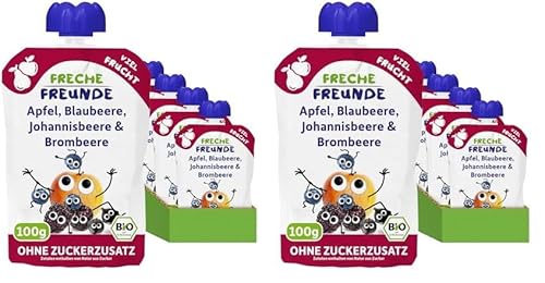 FRECHE FREUNDE Bio Quetschie Apfel, Blaubeere, Johannisbeere & Brombeere, Fruchtmus im Quetschbeutel für Babys ab dem 6. Monat, glutenfrei & vegan, 6-er Pack (6 x 100g) (Packung mit 2) von FRECHE FREUNDE